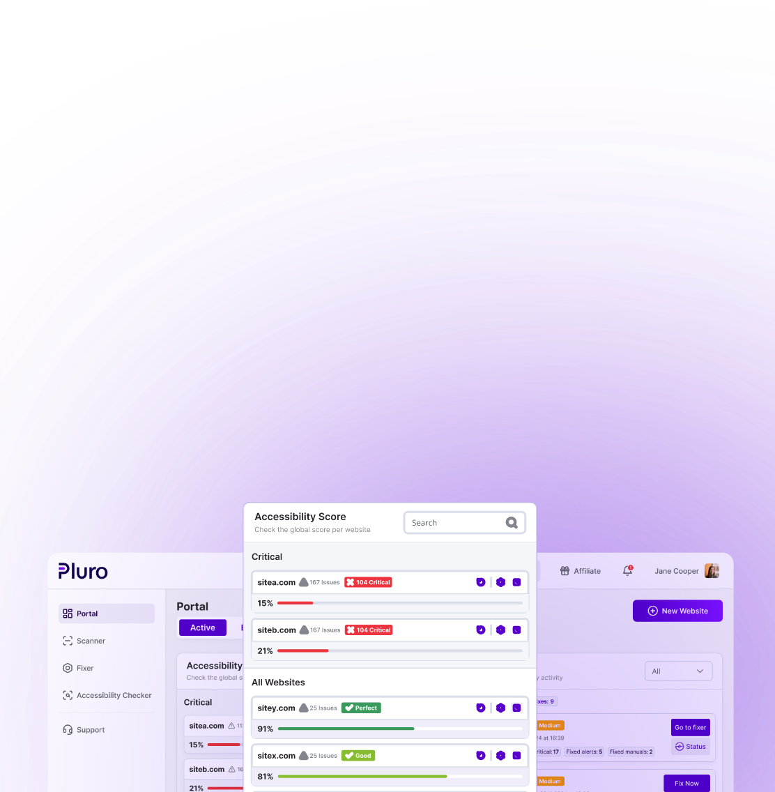 Pluro's web accessibility tool displays the dashboard, the fixer, and the widget. The dashboard shows accessibility scores for multiple websites, the fixer highlights an ARIA role redundancy issue, and the widget provides accessibility options