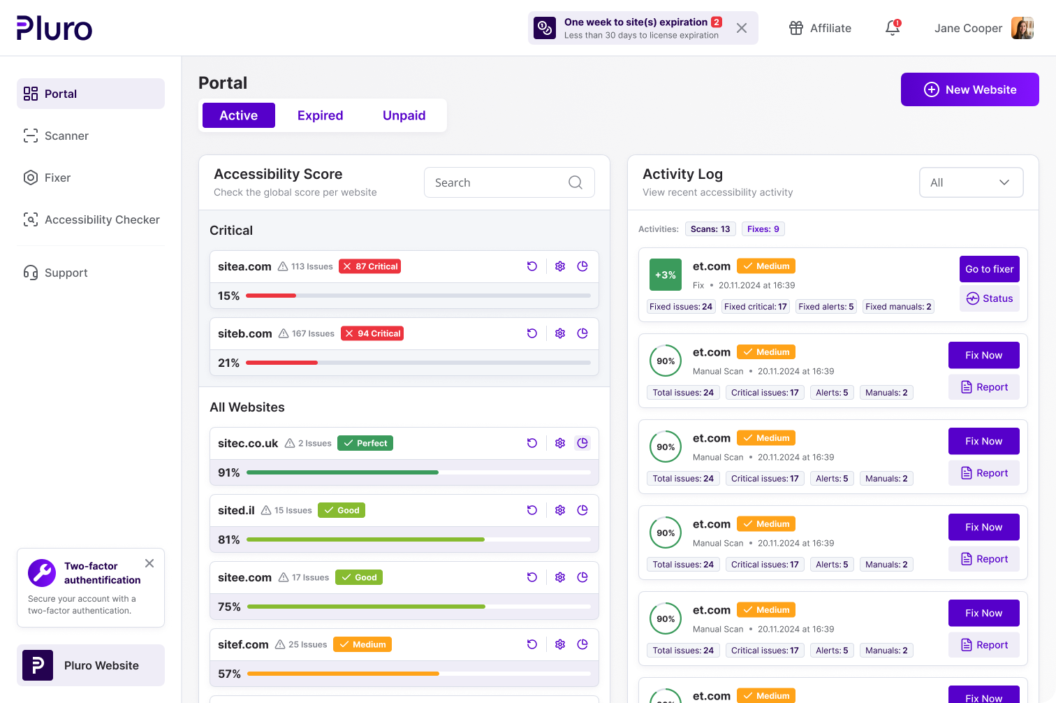 Pluro's accessibility management dashboard displays website accessibility scores, an activity log, and navigation options for scanning, fixing, and checking accessibility. The left panel includes a portal menu, while the main section shows critical and non-critical website issues. The right panel lists recent accessibility activities