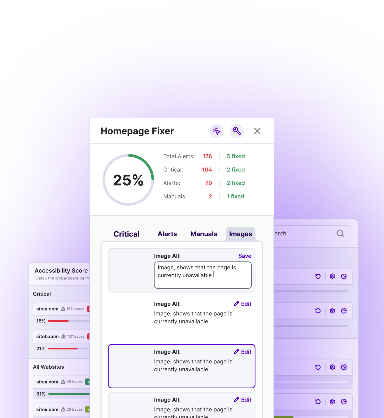 Pluro Homepage Fixer panel displaying accessibility issue statistics and a section for editing missing or incorrect image alt text