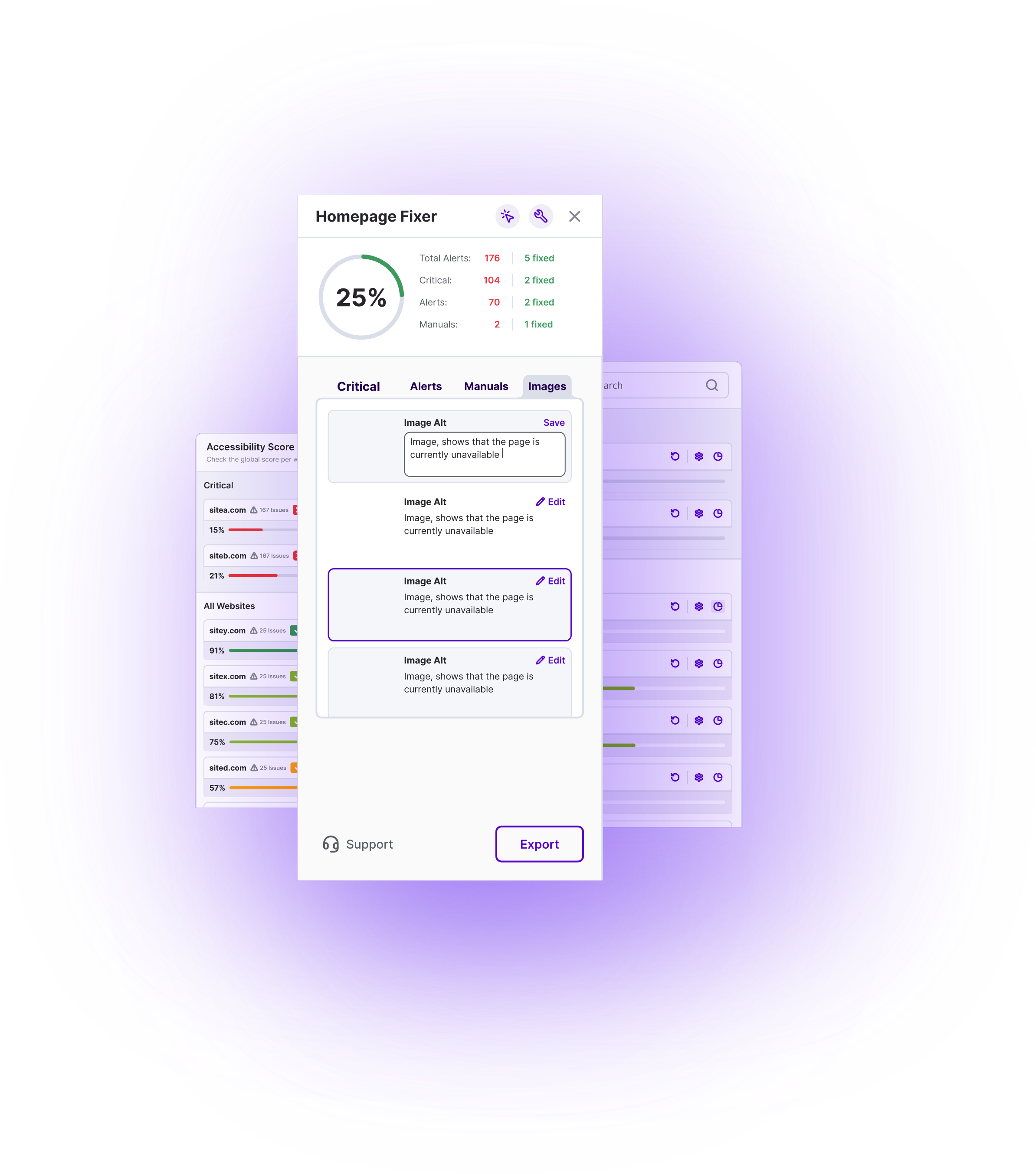 Pluro Homepage Fixer panel displaying accessibility issue statistics and a section for editing missing or incorrect image alt text