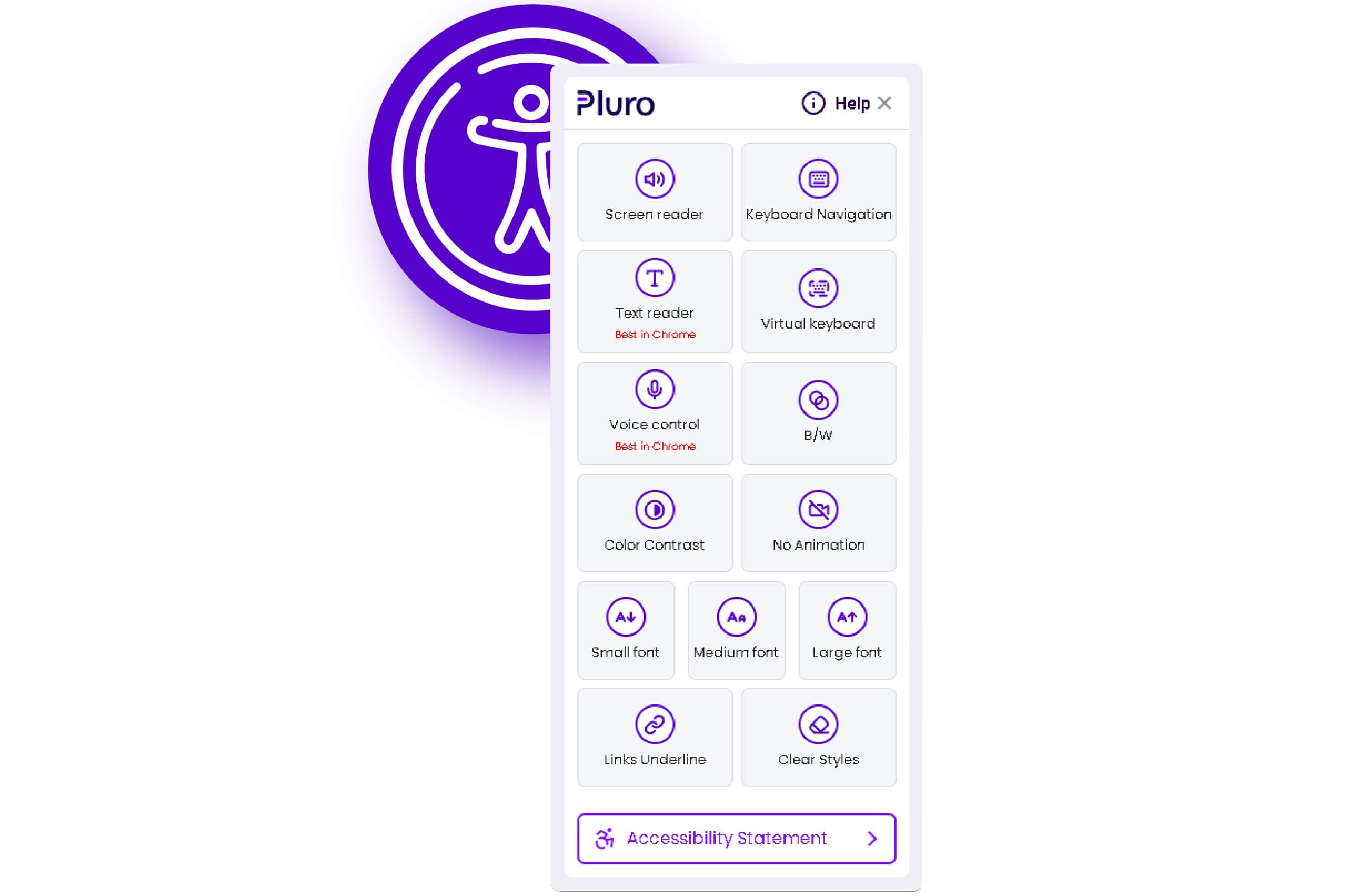 Pluro accessibility widget with options for screen reader, keyboard navigation, text reader, virtual keyboard, voice control, color contrast adjustments, font resizing, and more, along with an 'Accessibility Statement' button