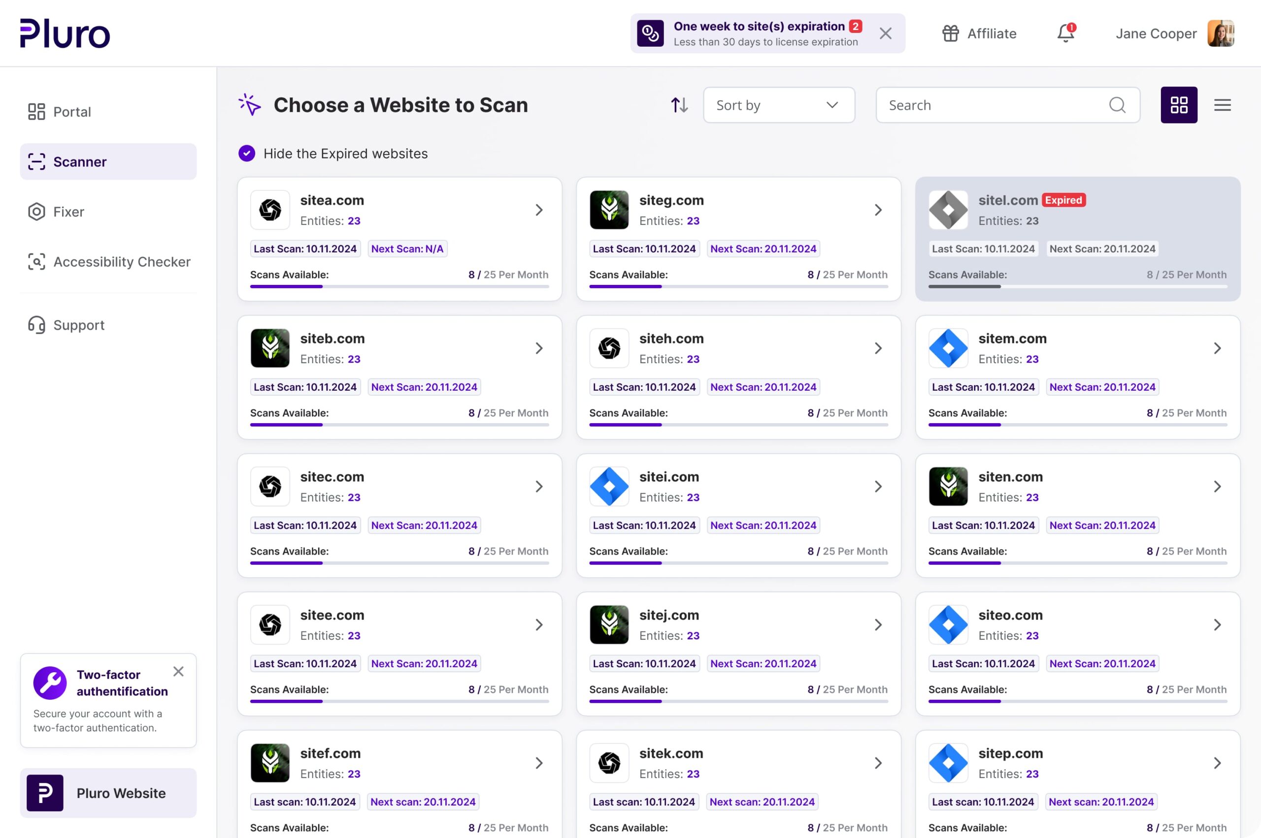 Pluro scanner dashboard displaying a list of websites available for accessibility scanning, with details on last and next scan dates, scan availability, and expired sites