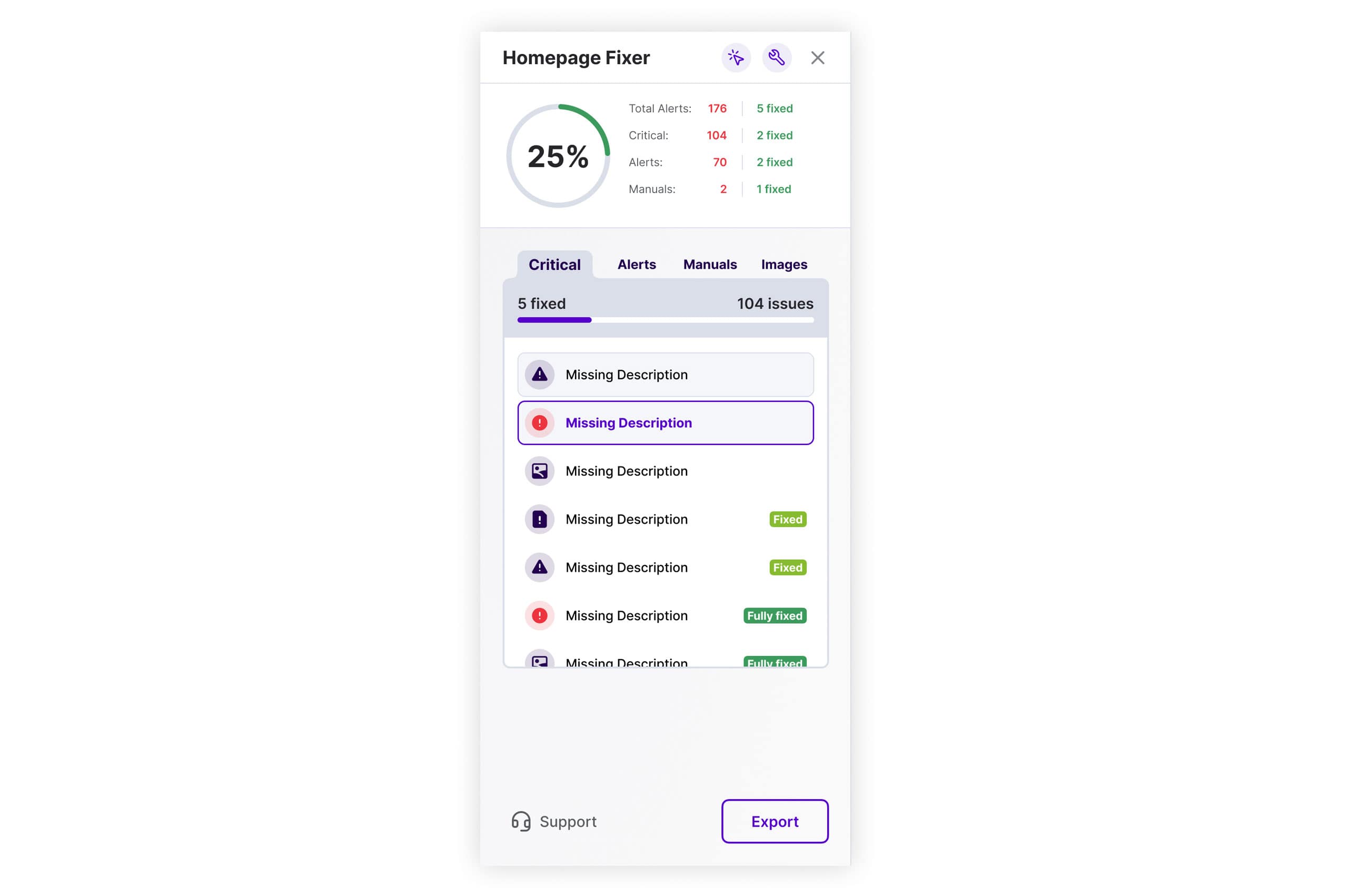 Pluro Homepage Fixer panel displaying accessibility issue statistics and a section for editing missing or incorrect image alt text